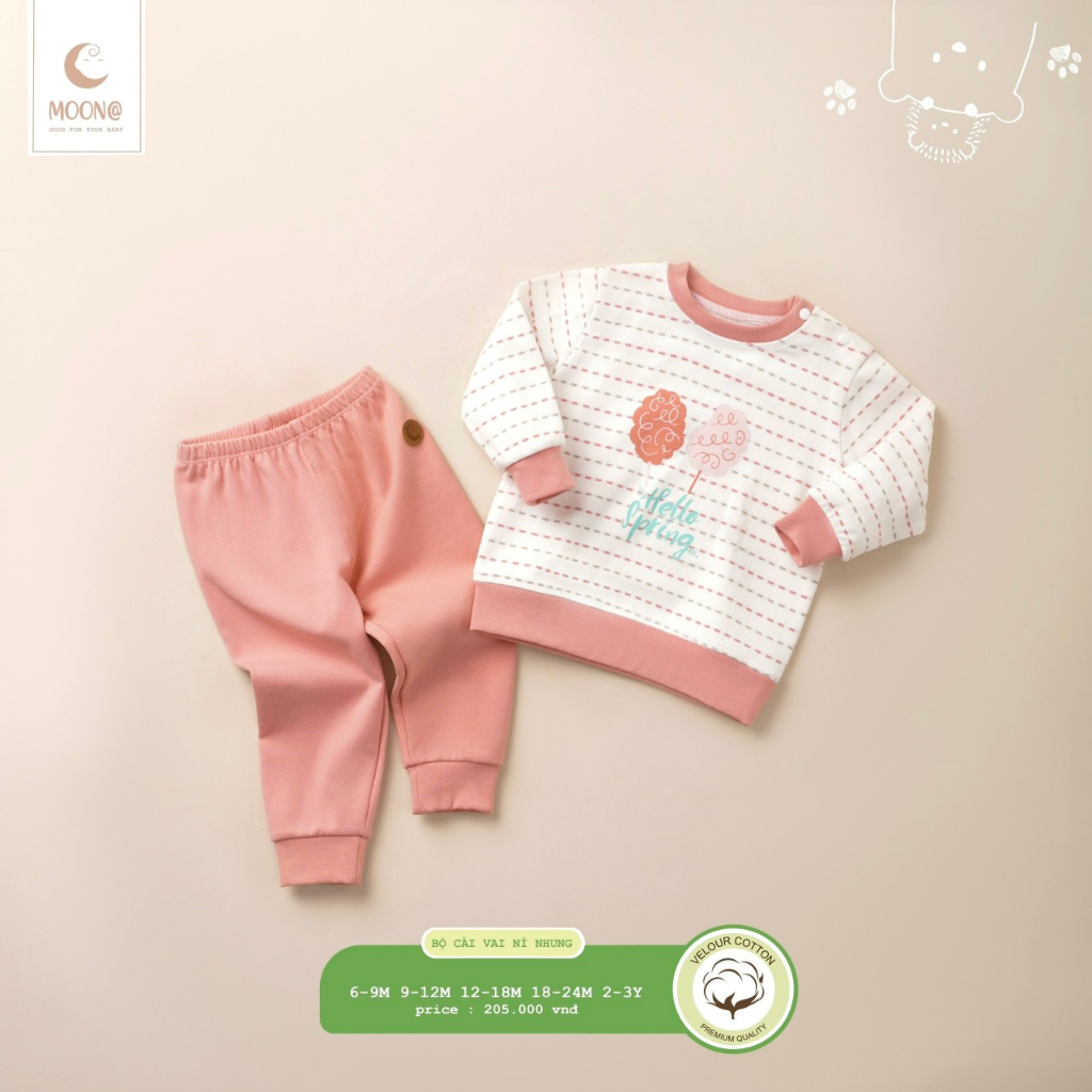 Bộ dài tay trẻ em nỉ nhung cài vai họa tiết nét đứt Superior 85/ đáng yêu Moon