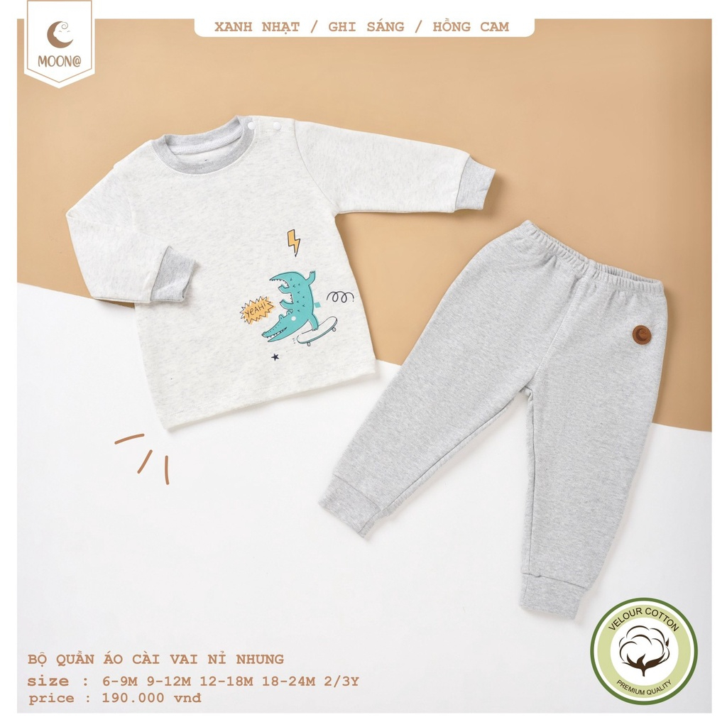 Bộ dài tay trẻ em nỉ nhung cài vai họa tiết nét đứt Superior 85/ đáng yêu Moon