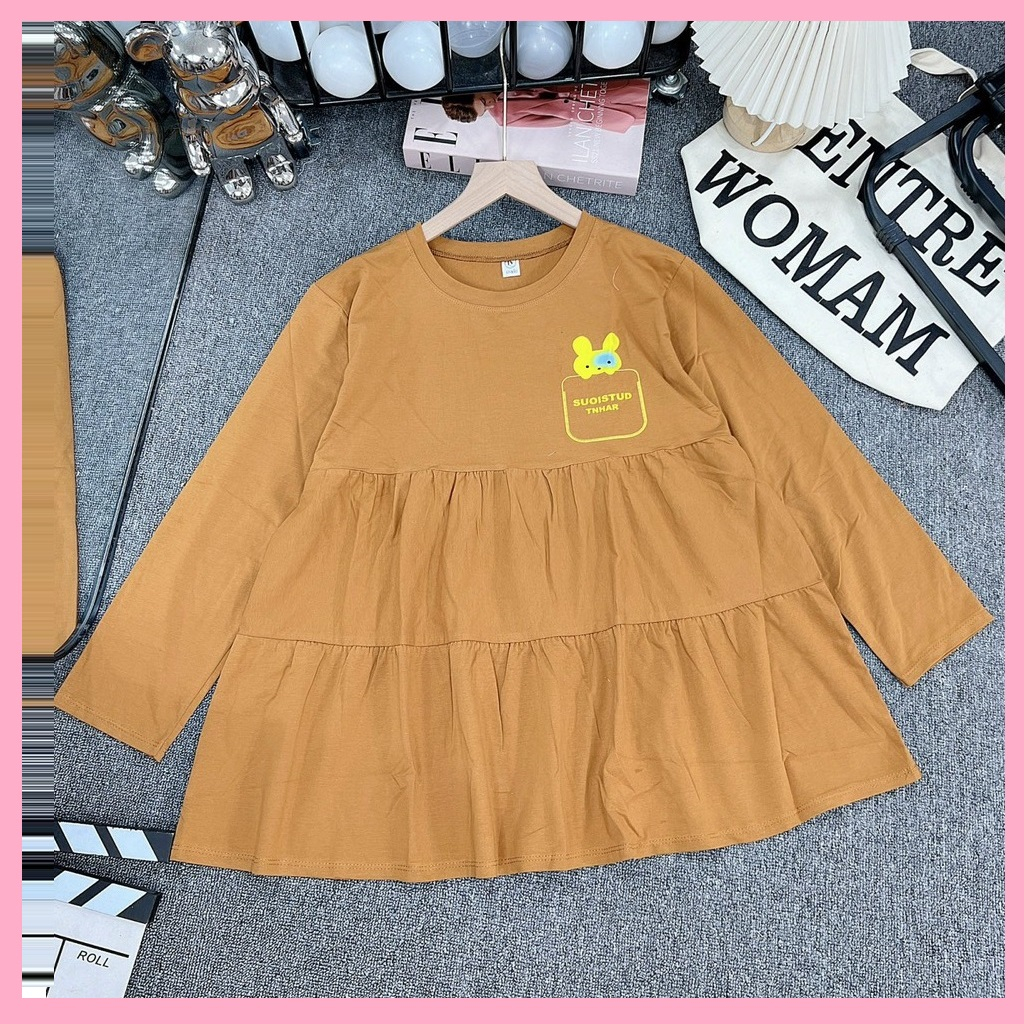 Áo bầu cotton dài tay, chất cotton mềm mịn, dáng babydoll dễ mặc thoải mái cho mẹ bầu