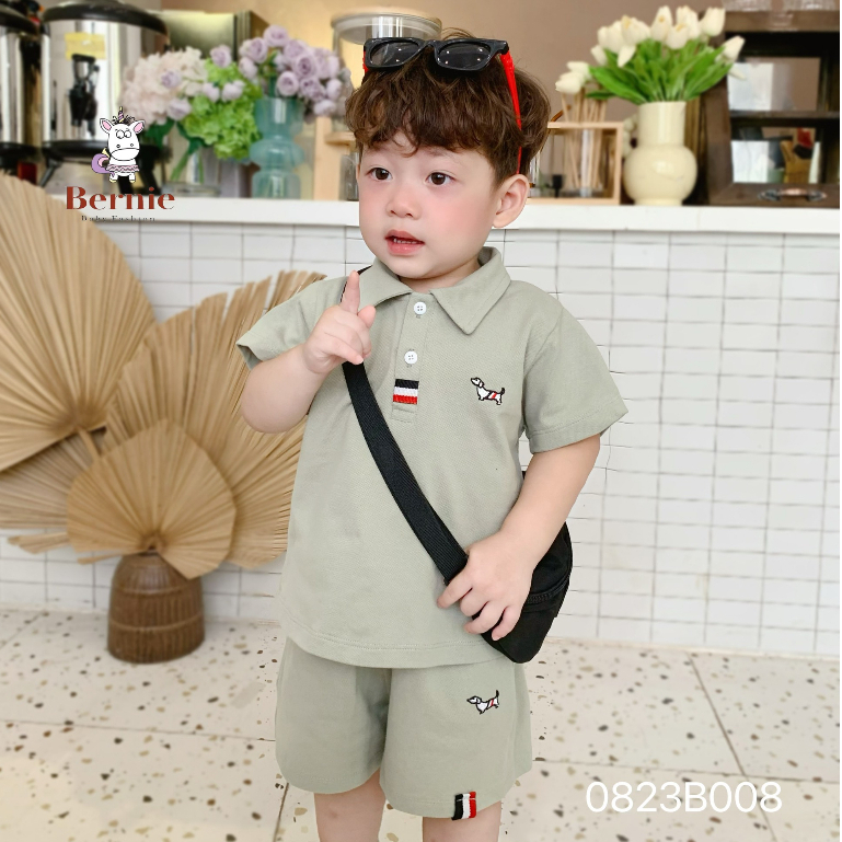 Bộ polo cộc tay bé trai Bernie thêu chú chó Dachshund cho bé từ 9-23kg-0823B008