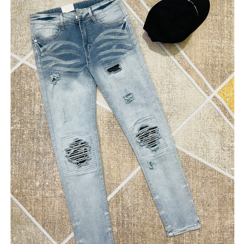 Quần bò jean nam dài đen rách vá da đẹp mẫu mới chất jean co giãn chuẩn form giá tốt