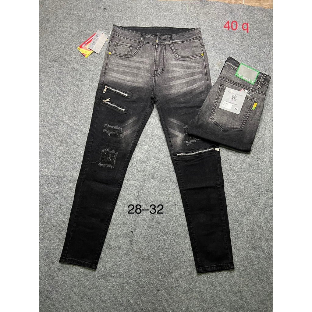 Quần bò jean nam dài đen rách vá da đẹp mẫu mới chất jean co giãn chuẩn form giá tốt