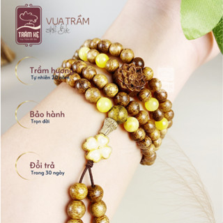 Vòng tay trầm hương 108 hạt 6 li, chuỗi 108 hạt hoa sen nữ mix cỏ 4 lá Trầm Kệ Tốc Việt - Bình An - May Mắn - Tài Lộc.