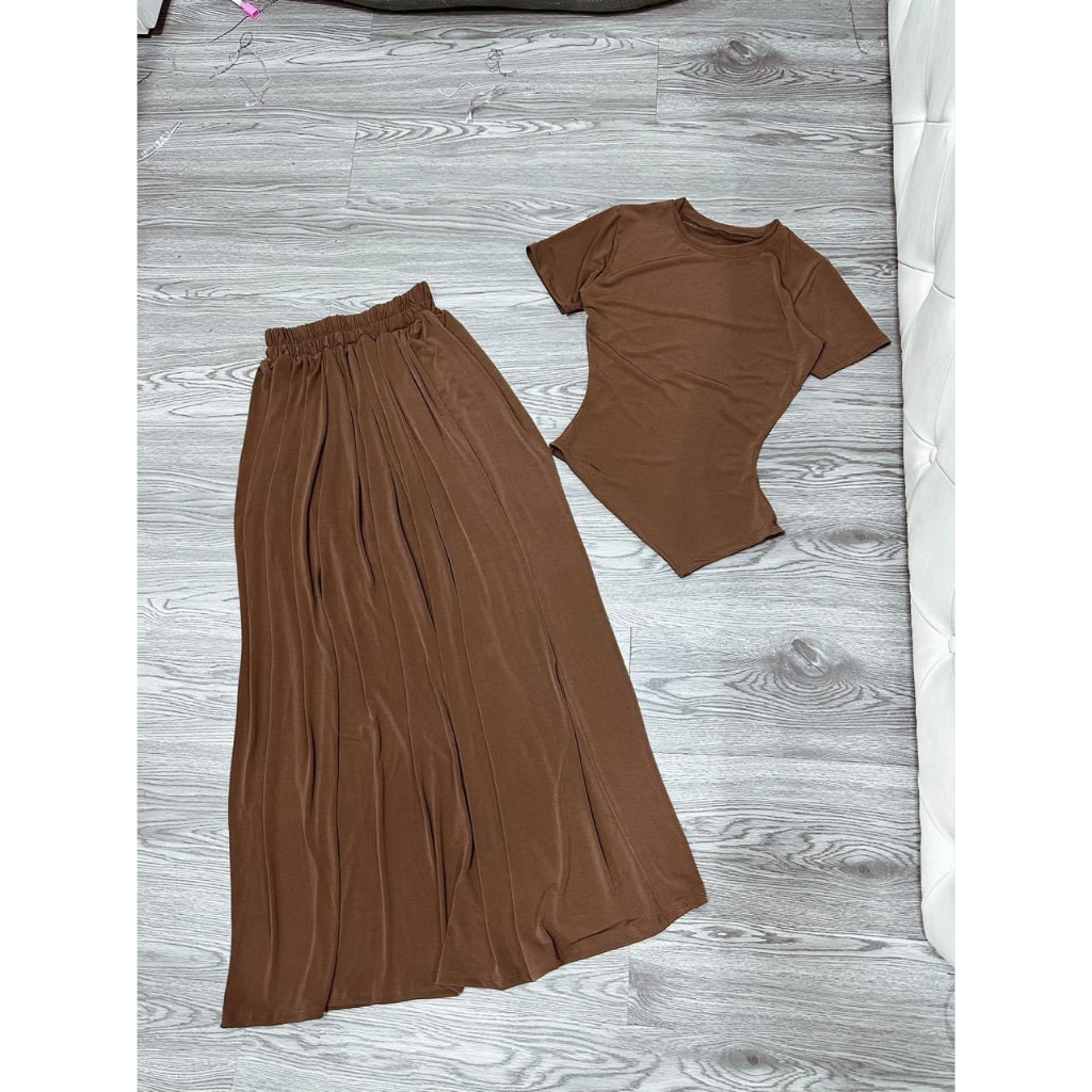 Set váy thun trơn basic vintage, set áo thun trơn ôm body tay ngắn vạt chéo mix chân váy dài qua gối 2 màu quyễn rũ mtb