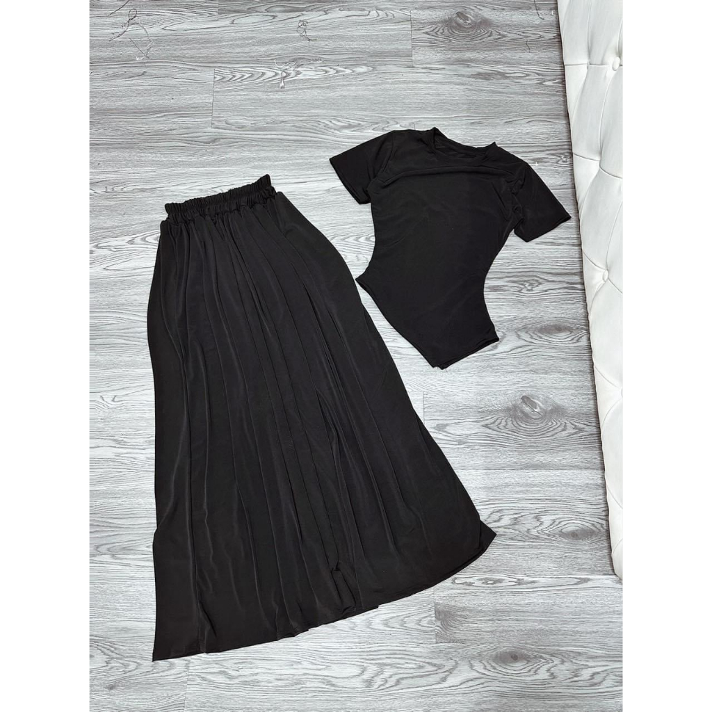 Set váy thun trơn basic vintage, set áo thun trơn ôm body tay ngắn vạt chéo mix chân váy dài qua gối 2 màu quyễn rũ mtb