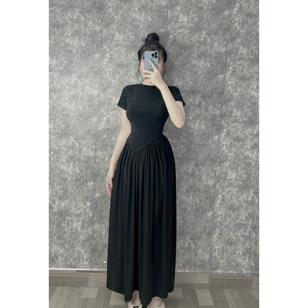 Set váy thun trơn basic vintage, set áo thun trơn ôm body tay ngắn vạt chéo mix chân váy dài qua gối 2 màu quyễn rũ mtb