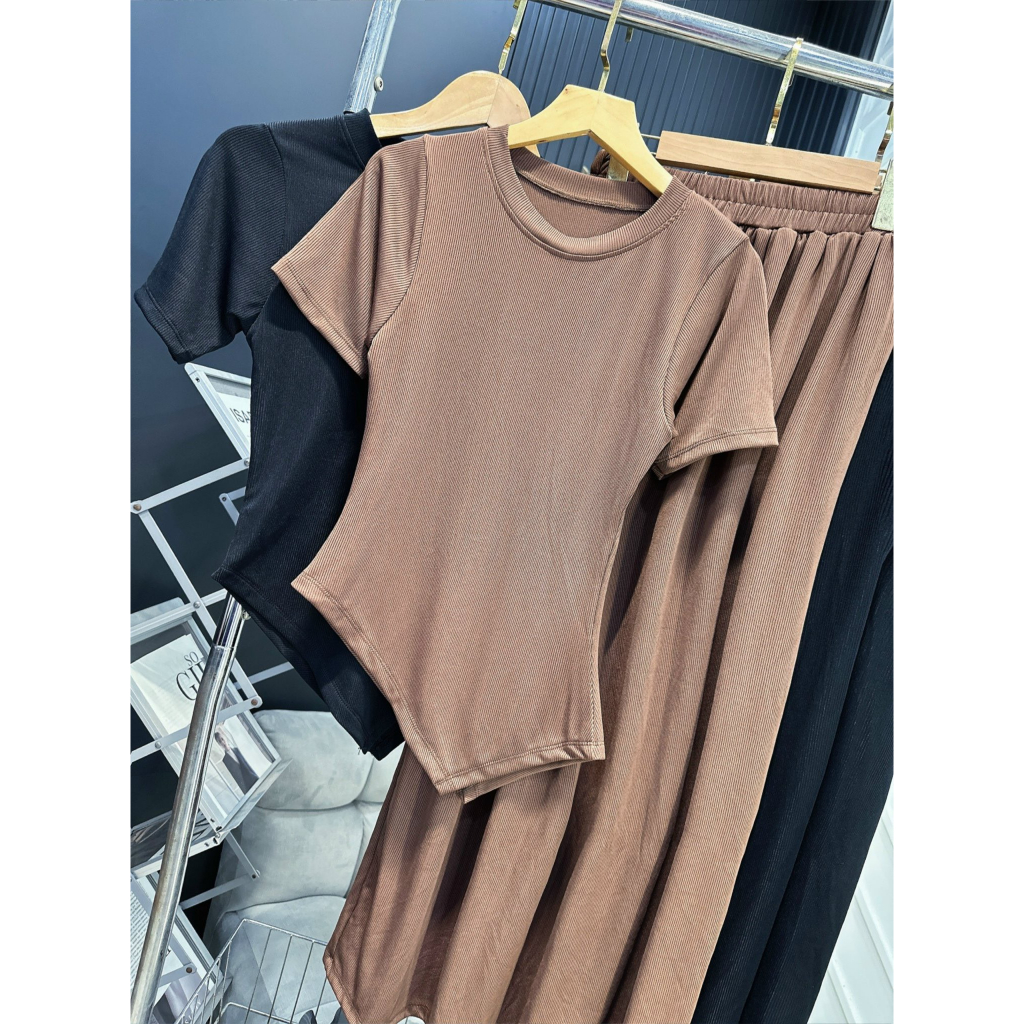 Set váy thun trơn basic vintage, set áo thun trơn ôm body tay ngắn vạt chéo mix chân váy dài qua gối 2 màu quyễn rũ mtb