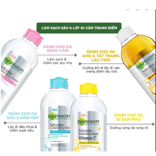 Nước Tẩy Trang Micellar Garnier Hồng/ Vàng/ Xanh/vitamin c Skinactive Cleansing Water 400ml dành cho mọi loại da
