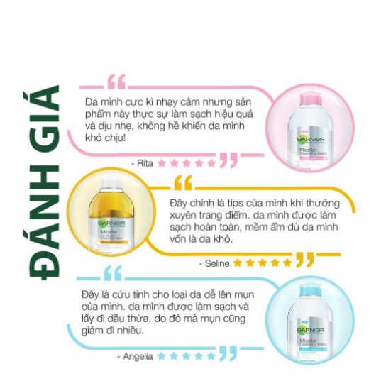 Nước Tẩy Trang Micellar Garnier Hồng/ Vàng/ Xanh/vitamin c Skinactive Cleansing Water 400ml dành cho mọi loại da