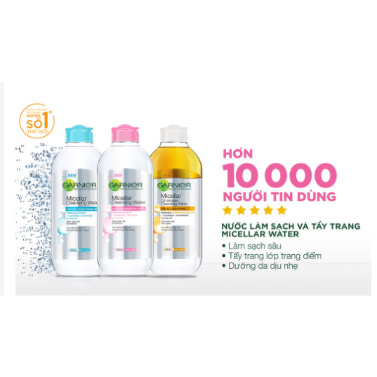 Nước Tẩy Trang Micellar Garnier Hồng/ Vàng/ Xanh/vitamin c Skinactive Cleansing Water 400ml dành cho mọi loại da