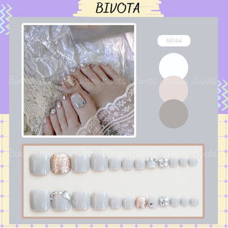 Set 24 móng chân giả Bivota nail box màu trắng ánh nhũ đính đá sang chảnh MG64