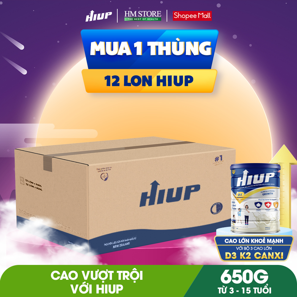 Một thùng 12 hộp sữa bột HIUP tăng chiều cao, tăng cân cho trẻ từ 2 đến 15 tuổi