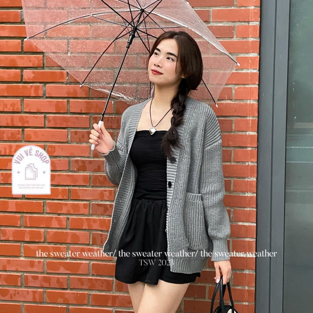 Áo Khoác Len Cardigan Dệt Kim Phối Gân Dọc Basic Trơn Cổ V Dáng Rộng Tay Dài Thời Trang Thu Đông Hàng Qccc Vui vẻ