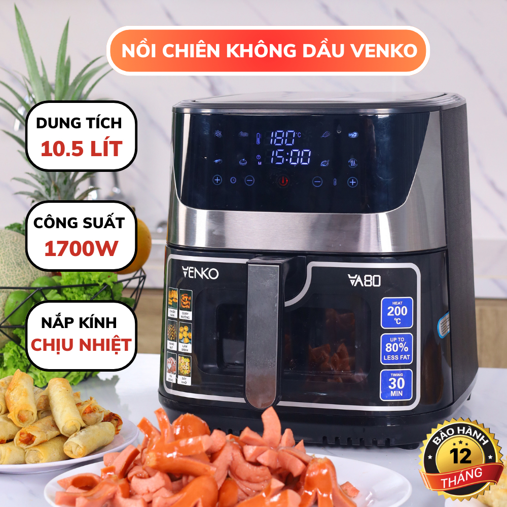 [Bảo Hành 12 Tháng] Nồi Chiên Không Dầu VENKO 10,5 LÍT Phiên Bản 2023 Công Suất Lớn 1700W chất liệu thép Không Gỉ