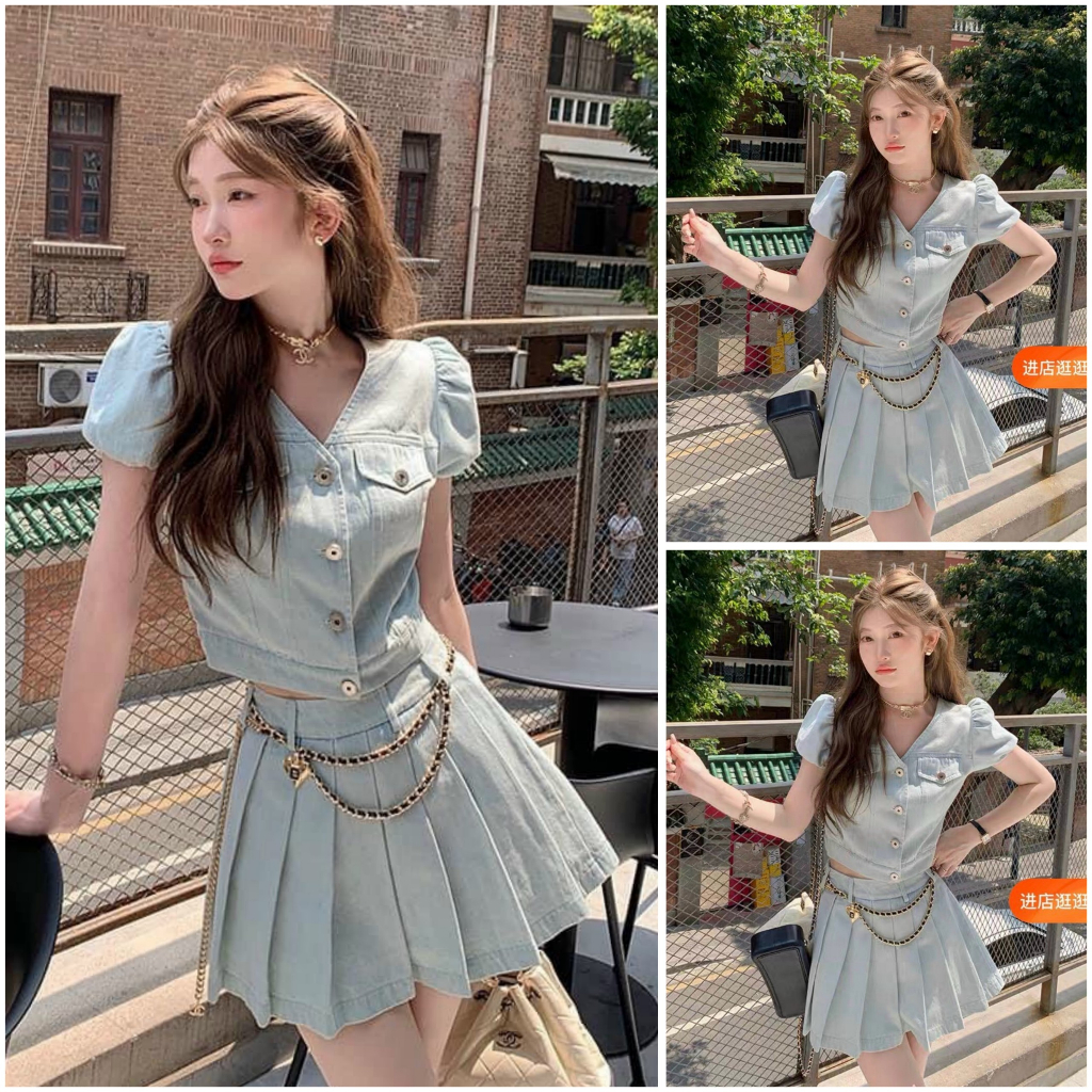 Set đồ nữ áo cổ V đóng nút tay bồng croptop mix chân váy xếp ly dáng ngắn tone màu xanh basic nhẹ nhàng tiểu thư sang