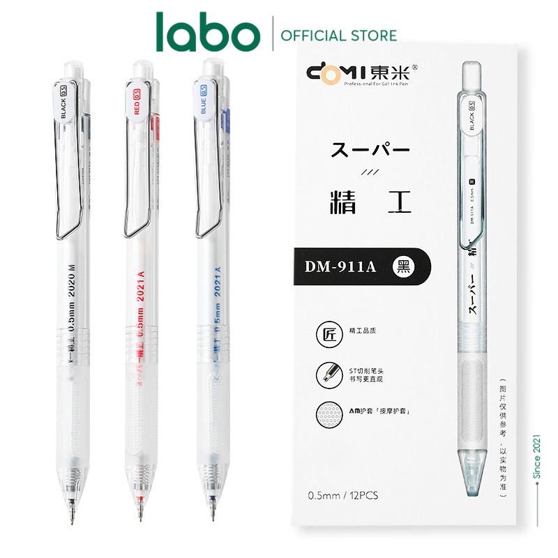 Bút Bi Bấm Mực Gel Domi 911A Thiết Kế Basic Mực Đen Xanh Đỏ Ngòi 0.5mm LABO