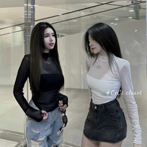 Áo thun lưới xuyên thấu dài tay kèm áo quây trong,áo thun nữ dài tay ôm body sexy,cá tính