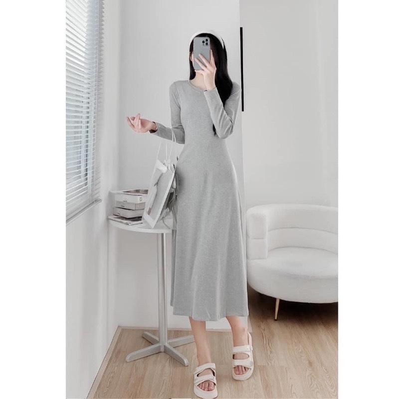Váy maxi cổ tròn dài tay vải thun tăm co giãn dày dặn,váy dáng dài xoè thun zip hàn hack dáng-Vaydangdaichatthunzip188
