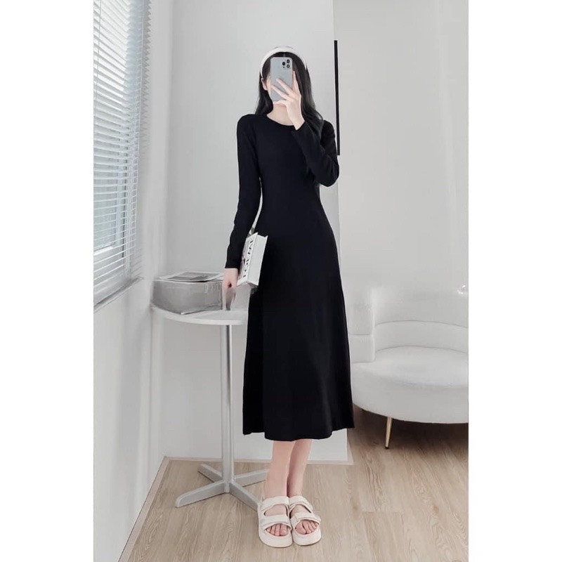 Váy maxi cổ tròn dài tay vải thun tăm co giãn dày dặn,váy dáng dài xoè thun zip hàn hack dáng-Vaydangdaichatthunzip188