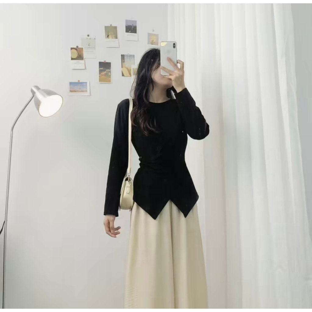 Áo thun nữ trơn dài tay cổ tròn nhúm eo vạt chéo siêu phẩm phong cách Hàn Quốc-Ao348