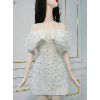 [Oila Dress] Đầm thiết kế trễ vai đính lông vũ kim sa kết hoa tỉ mỉ xinh xắn phù hợp đi tiệc, sinh nhật,cưới -mochouse83