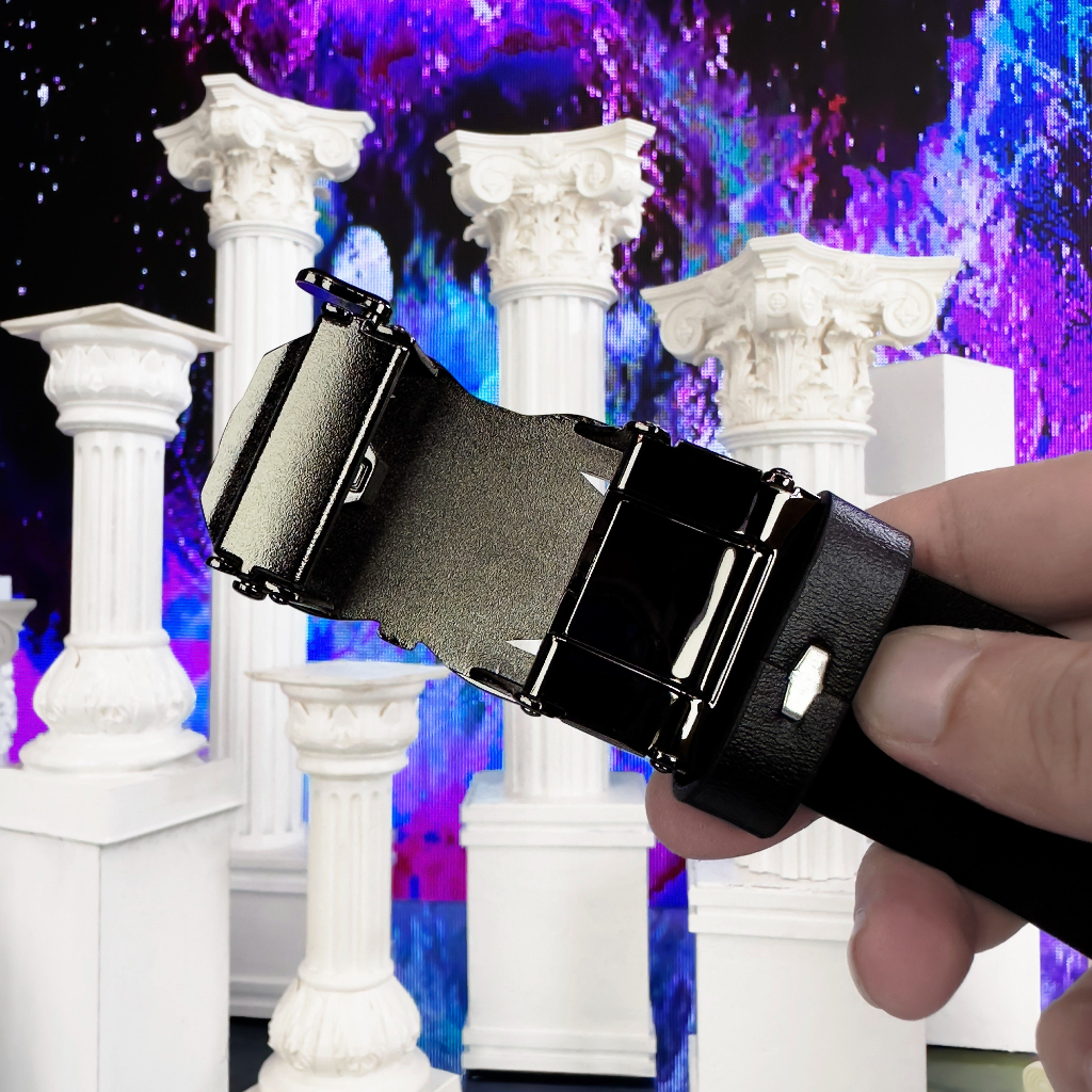 Dây lung nam mặt mạ crome đen bóng logo đại bàng dây da bò cao cấp DL29