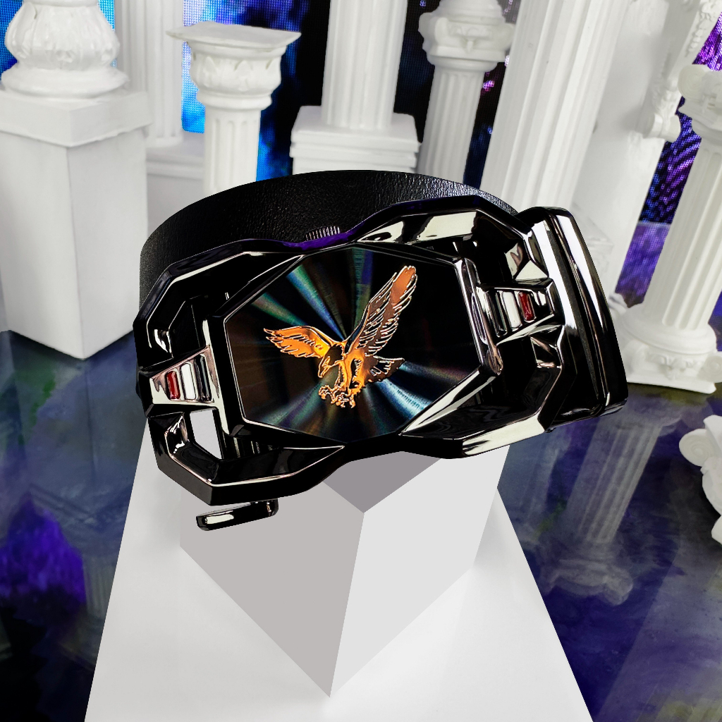 Dây lung nam mặt mạ crome đen bóng logo đại bàng dây da bò cao cấp DL29