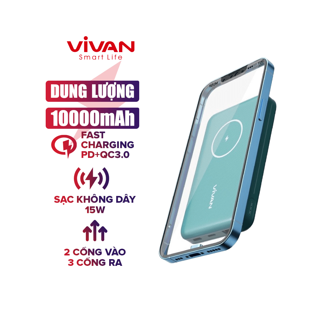 Pin Dự Phòng Không Dây 10000mAh VIVAN VPB-W12 Chuẩn QC3.0 PD 2 cổng sạc vào 3 cổng sạc ra - Bảo Hành Chính Hãng