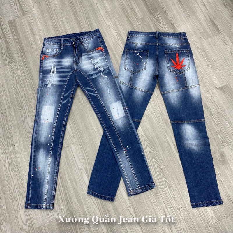 Quần jean dsq2 thêu lá đó phối viền biker xanh chấm sơn,quần dsq2 chấm sơn biker thêu lá đỏ bản mới