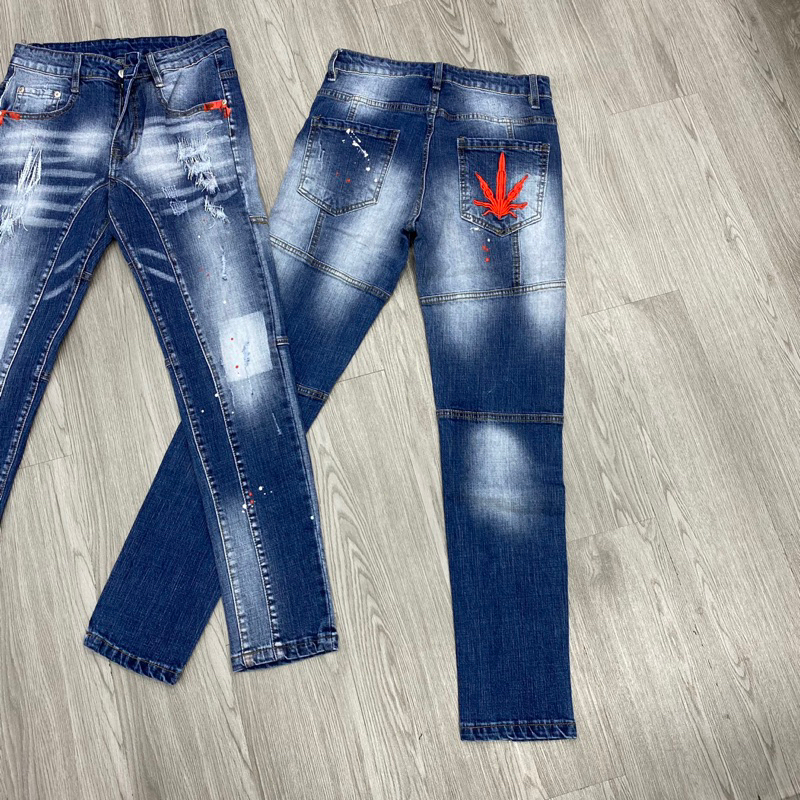 Quần jean dsq2 thêu lá đó phối viền biker xanh chấm sơn,quần dsq2 chấm sơn biker thêu lá đỏ bản mới