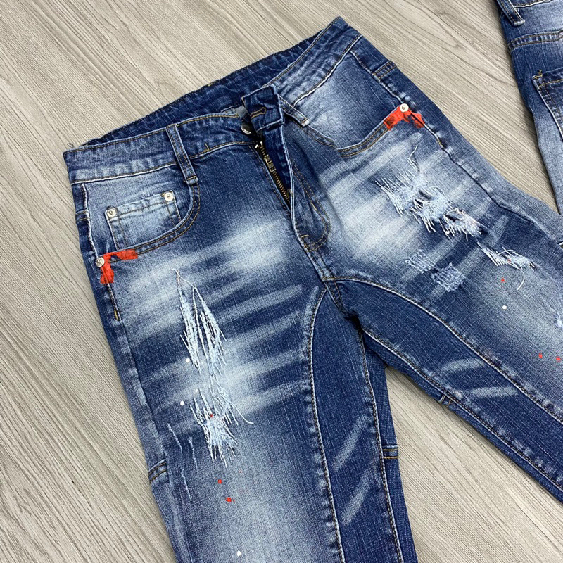 Quần jean dsq2 thêu lá đó phối viền biker xanh chấm sơn,quần dsq2 chấm sơn biker thêu lá đỏ bản mới