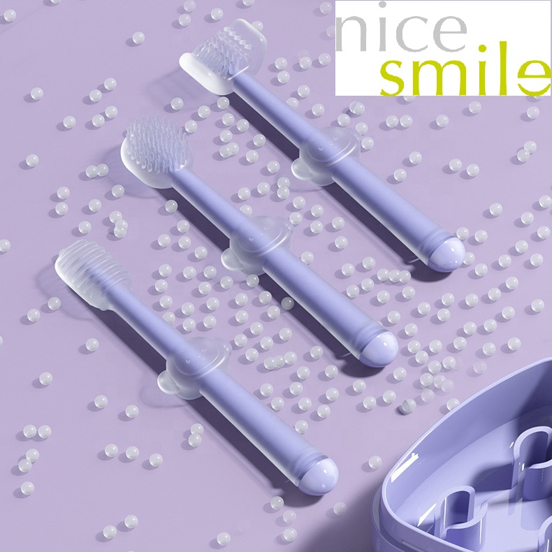 Combo 3 bàn chải tập đánh răng cho trẻ từ 0-24 tháng, Set 3 bàn chải Silicone trẻ em, Bàn chải tập đánh răng