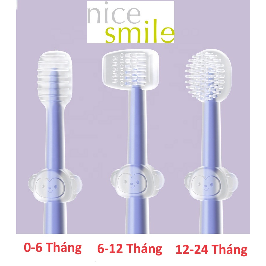 Combo 3 bàn chải tập đánh răng cho trẻ từ 0-24 tháng, Set 3 bàn chải Silicone trẻ em, Bàn chải tập đánh răng