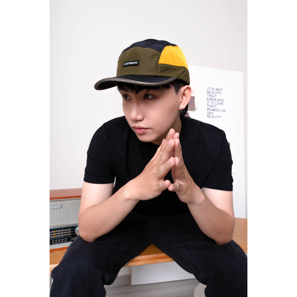 Mũ lưỡi trai thể thao màu đen rêu mỏng nhẹ CAPMAN phom 5panel CM33