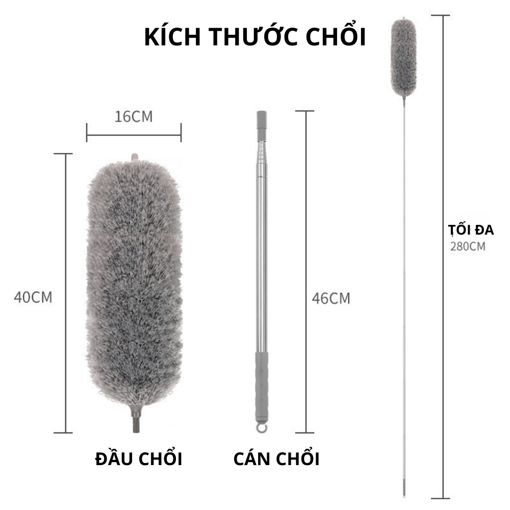 Chổi quét trần phủi bụi cao cấp cán Inox kéo dài đến 2,8M lau chùi nhà cửa ô tô sợi vải mềm mịn