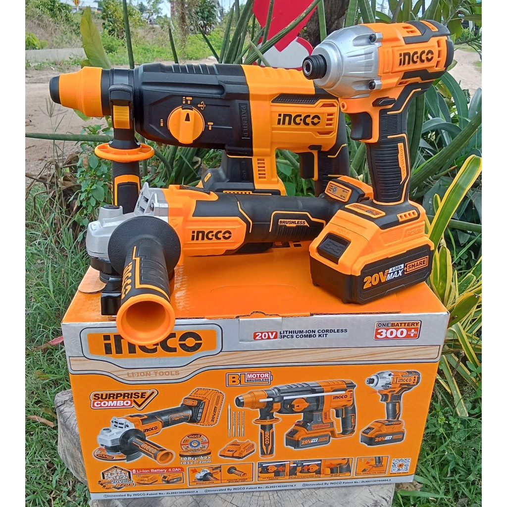 Bộ combo Máy khoan đục bê tông CRHLI20228 , Máy mài góc CAGLI201008, Máy siết vít CIRLI2017 Brushless dùng pin Ingco 20V