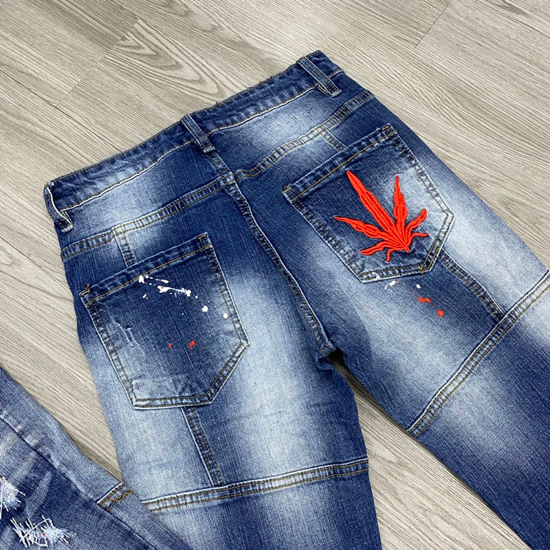 Quần jean dsq2 thêu lá đó phối viền biker xanh chấm sơn,quần dsq2 chấm sơn biker thêu lá đỏ bản mới