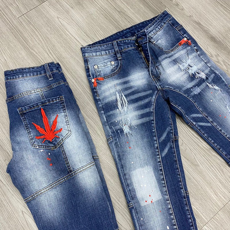 Quần jean dsq2 thêu lá đó phối viền biker xanh chấm sơn,quần dsq2 chấm sơn biker thêu lá đỏ bản mới