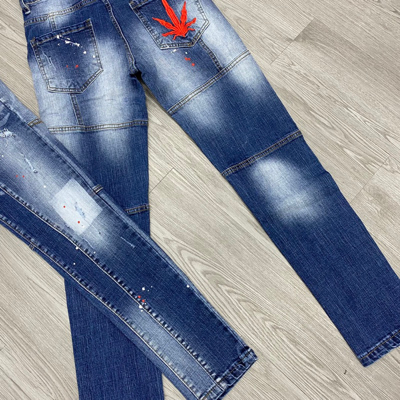 Quần jean dsq2 thêu lá đó phối viền biker xanh chấm sơn,quần dsq2 chấm sơn biker thêu lá đỏ bản mới