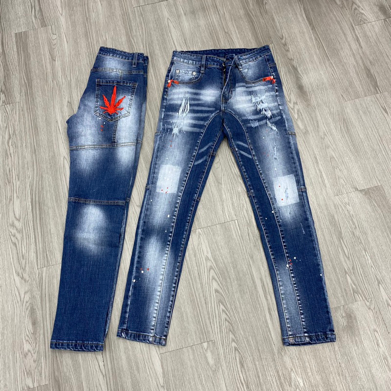 Quần jean dsq2 thêu lá đó phối viền biker xanh chấm sơn,quần dsq2 chấm sơn biker thêu lá đỏ bản mới