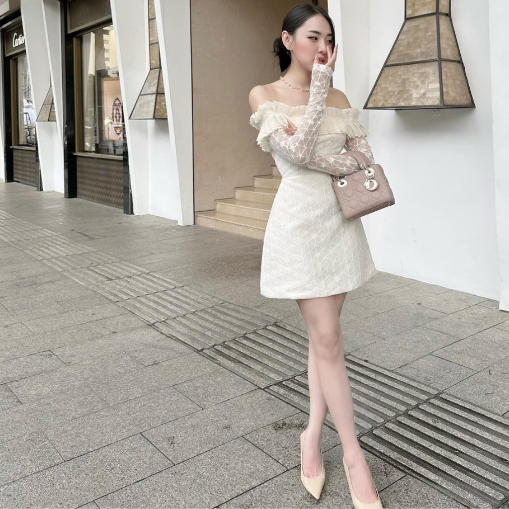 Váy nữ thiết kế dáng ngắn chất ren lưới xinh xắn dầm trễ vai  dự tiệc sang chảnh Minaca V227