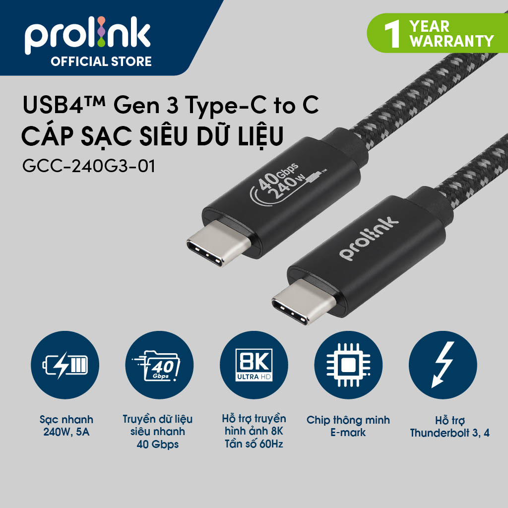 Dây sạc C to C PROLiNK GCC_240G3 dài 2m, sạc nhanh 240W chuẩn PD 3.1, truyền dữ liệu 40Gbps, xuất hình ảnh 8K Ultra HD