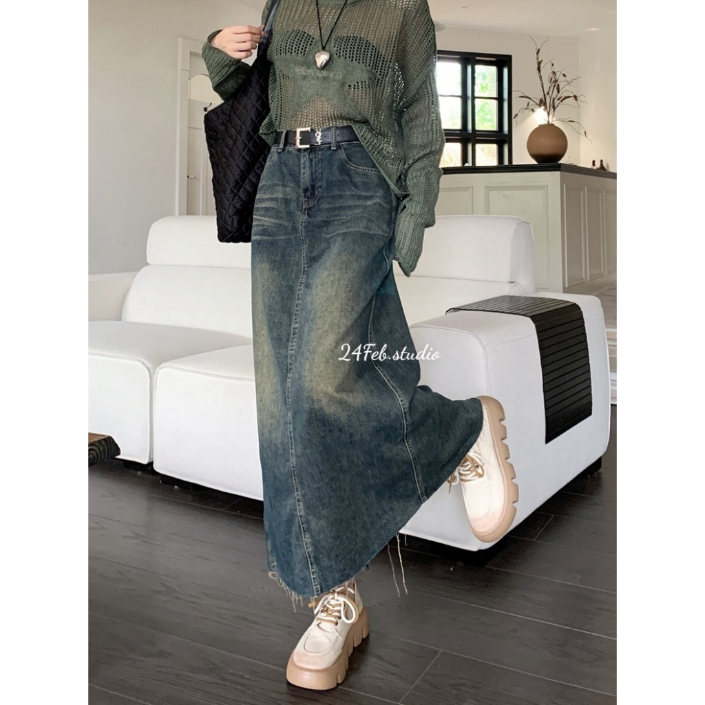Chân váy jean retro dáng dài cắt gấu phong cách ulzzang Hàn Quốc