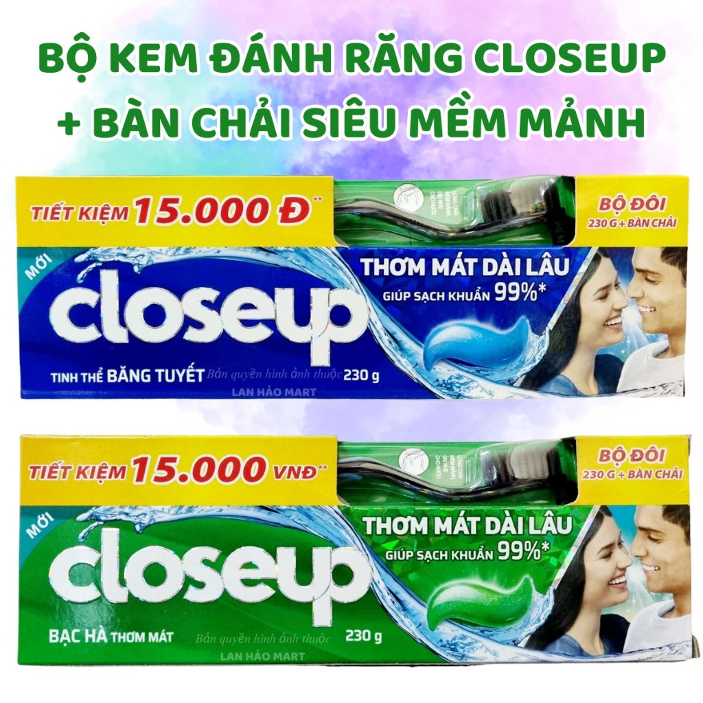 Bộ kem đáng răng Closeup 230g ( TUÝP LỚN) Bạc Hà Thơm Mát HOẶC Tinh Thể Băng Tuyết + Bàn chải đánh răng mềm mảnh