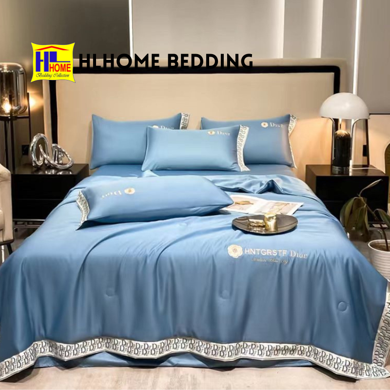 Bộ chăn ga lụa silk chăn hè chần bông nhẹ nhàng, mát mẻ
