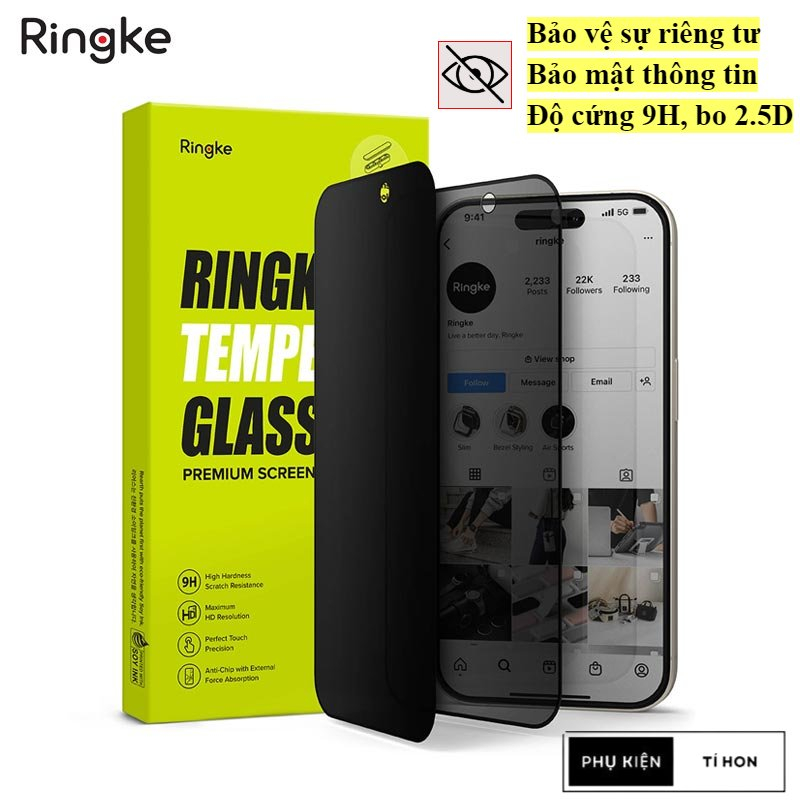 Kính cường lực chống nhìn trộm iPhone 15 Pro Max/ 15 Pro/ 15 Plus  Ringke Kèm Dụng Cụ Hỗ Trợ Dán
