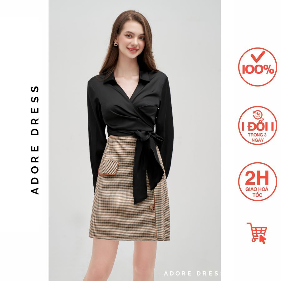 Áo sơ mi Tops casual style lụa trơn đen buộc eo  313TO1059 ADORE DRESS