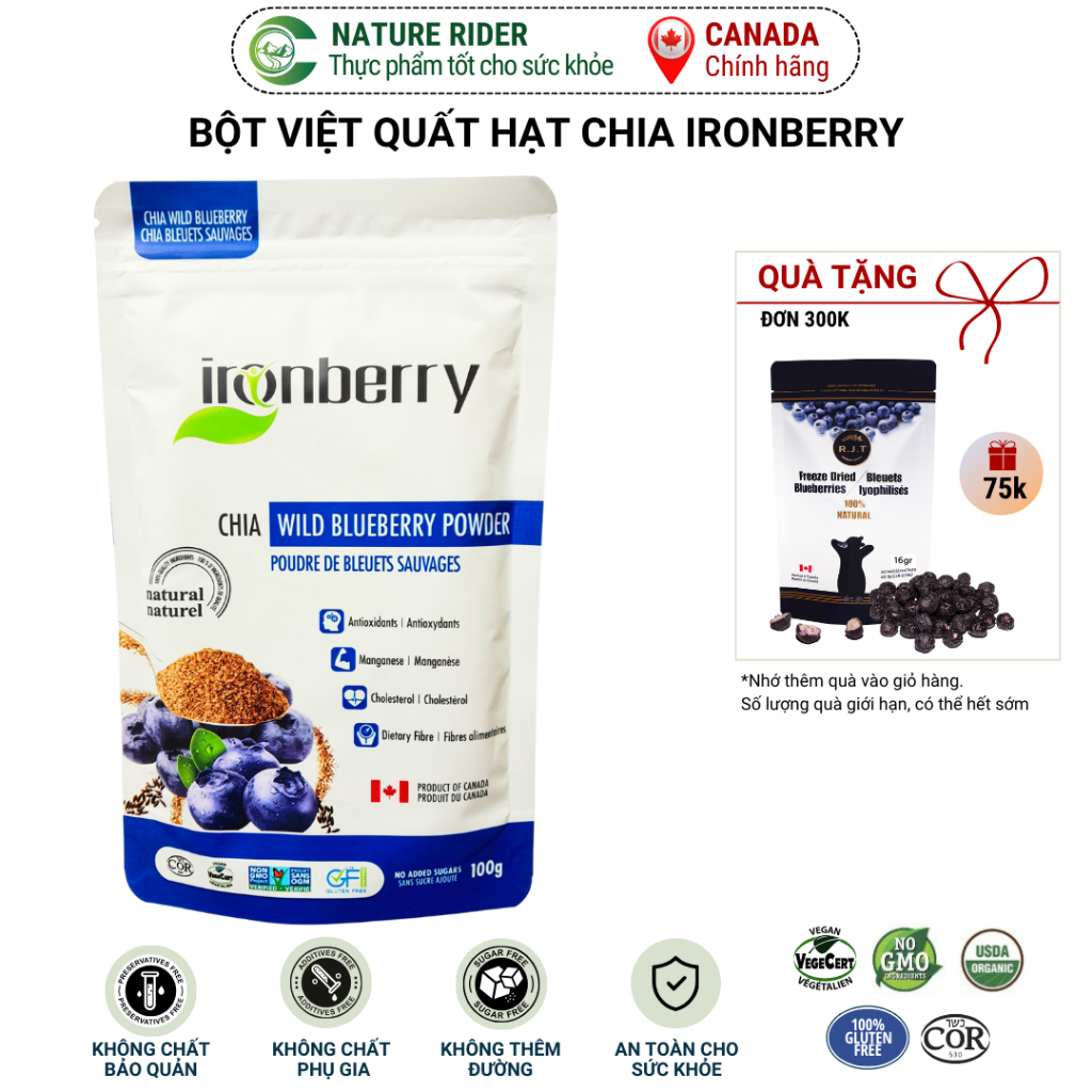 Bột việt quất & hạt chia nguyên chất - Ironberry chia wild blueberry powder 100gr
