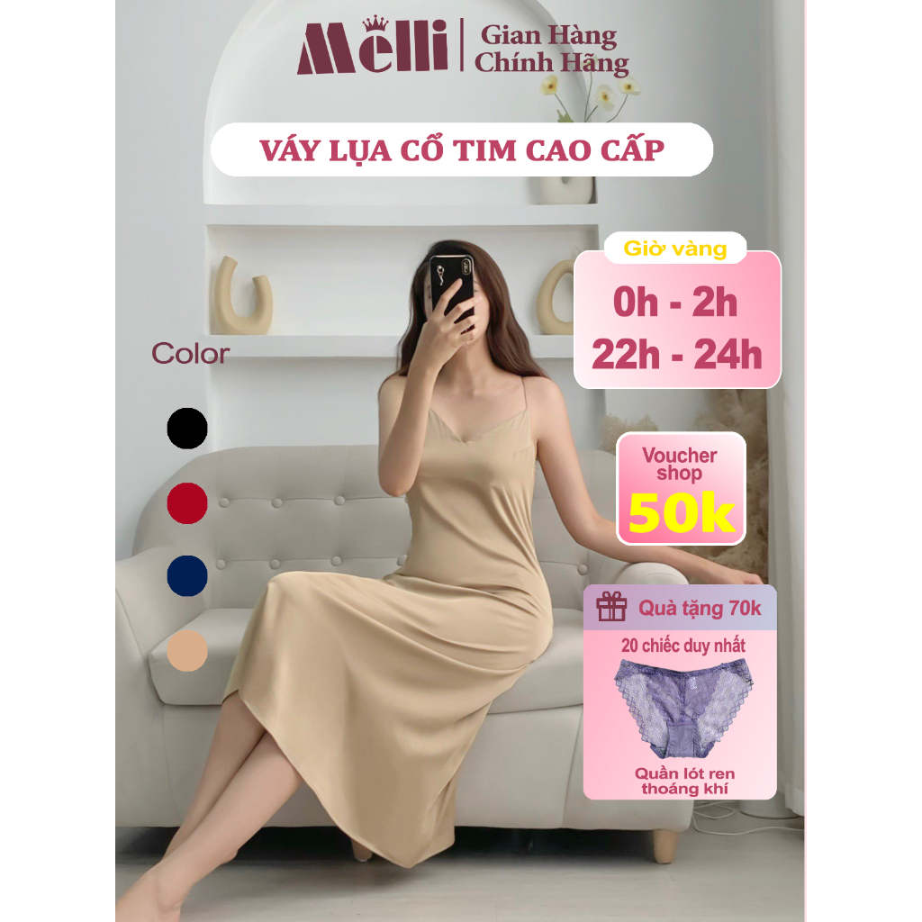 Váy Ngủ Nữ 2 Dây Lụa Pháp Cổ Tim Cao Cấp Siêu Mềm Mại , Sexy Cao Cấp Trơn 4 Màu Melli Homewear | BigBuy360 - bigbuy360.vn