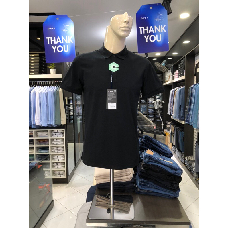 Áo polo owen màu đen body fit vải cotton bạc hà APV231317